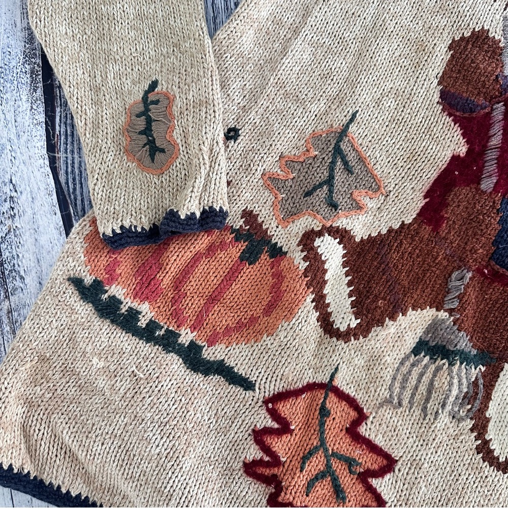 Vintage White Stag Cozy Bear Raking Leaves Oversized Sweater - Picture 5 of 8